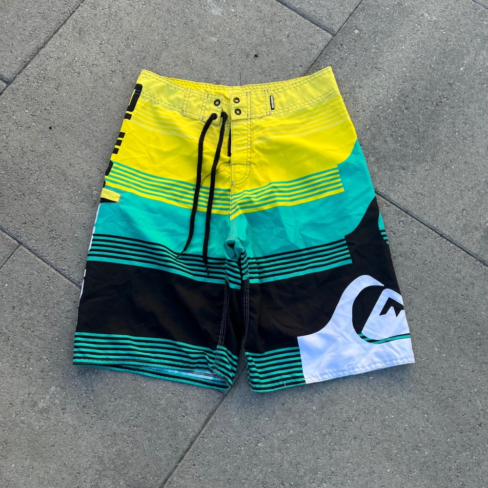 Quiksilver Mens Board Shorts Size 30 Yellow Teal Black Striped Swim Trunks Surf